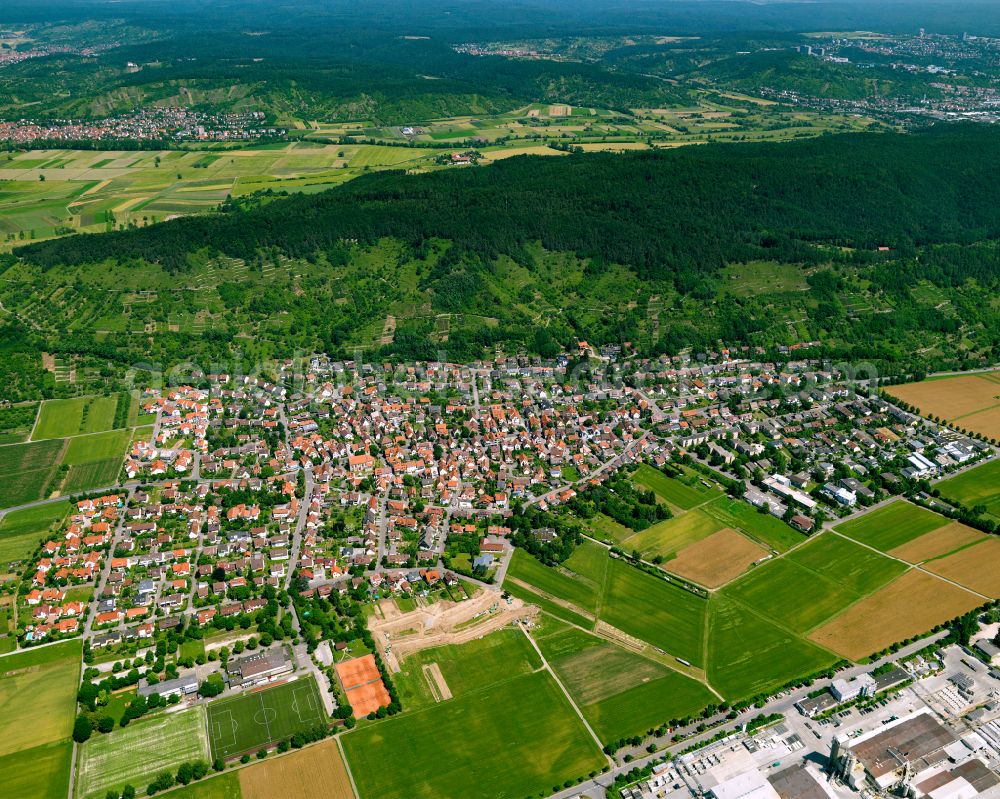 Hirschau from the bird's eye view: City view from the outskirts with adjacent agricultural fields in Hirschau in the state Baden-Wuerttemberg, Germany