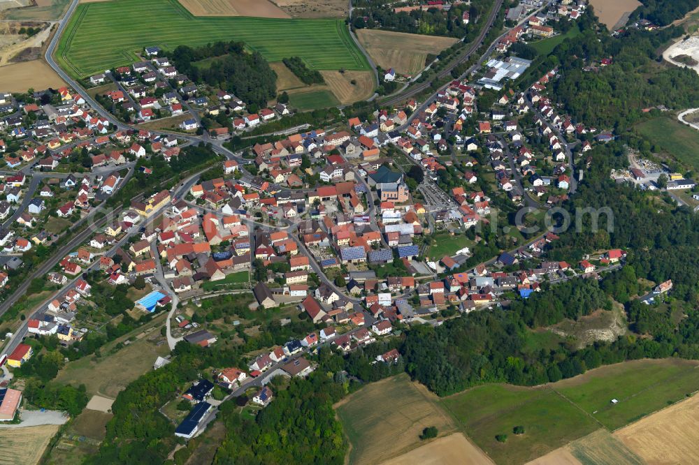 Kirchheim from the bird's eye view: City view from the outskirts with adjacent agricultural fields in Kirchheim in the state Bavaria, Germany