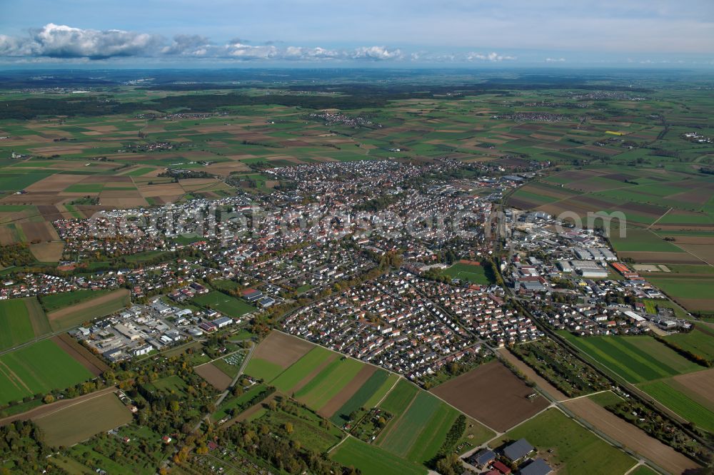 Aerial image Langenau - City view from the outskirts with adjacent agricultural fields in Langenau in the state Baden-Wuerttemberg, Germany