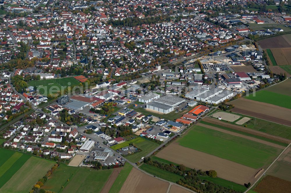 Langenau from above - City view from the outskirts with adjacent agricultural fields in Langenau in the state Baden-Wuerttemberg, Germany