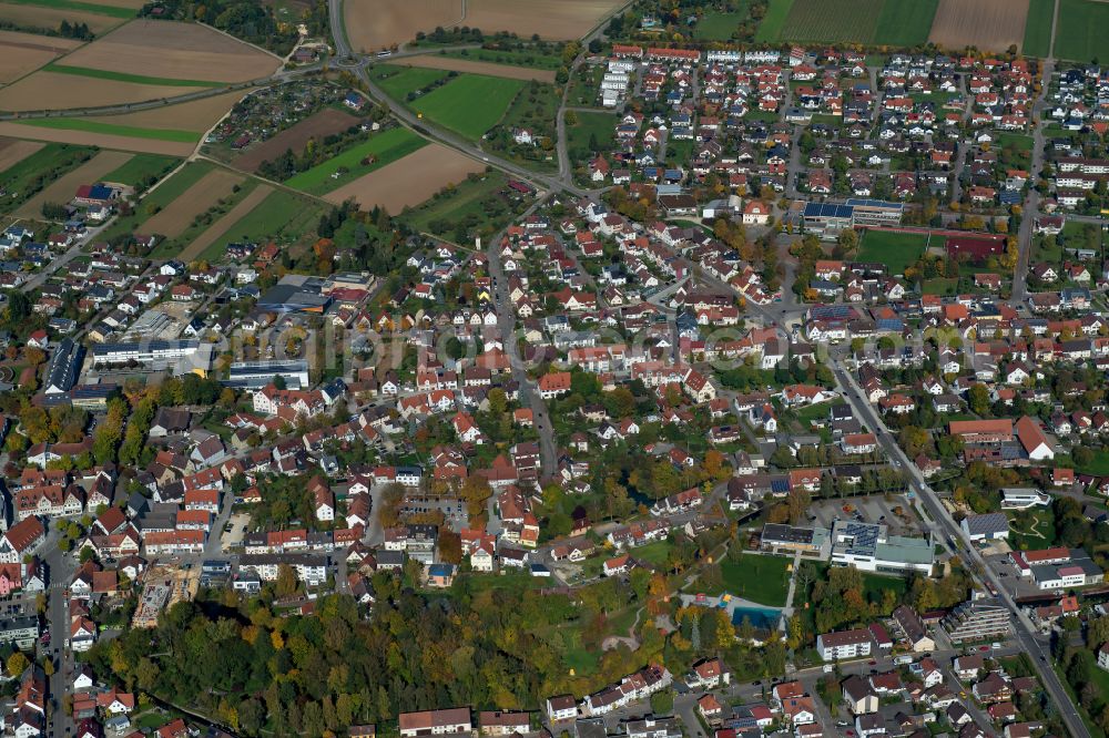 Aerial image Langenau - City view from the outskirts with adjacent agricultural fields in Langenau in the state Baden-Wuerttemberg, Germany