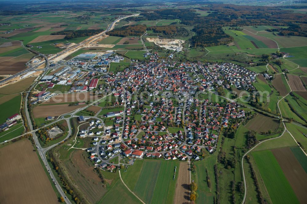 Aerial image Merklingen - City view from the outskirts with adjacent agricultural fields in Merklingen in the state Baden-Wuerttemberg, Germany