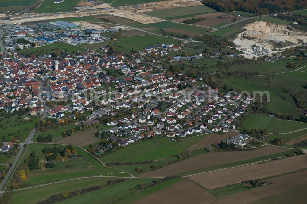 Merklingen from above - City view from the outskirts with adjacent agricultural fields in Merklingen in the state Baden-Wuerttemberg, Germany