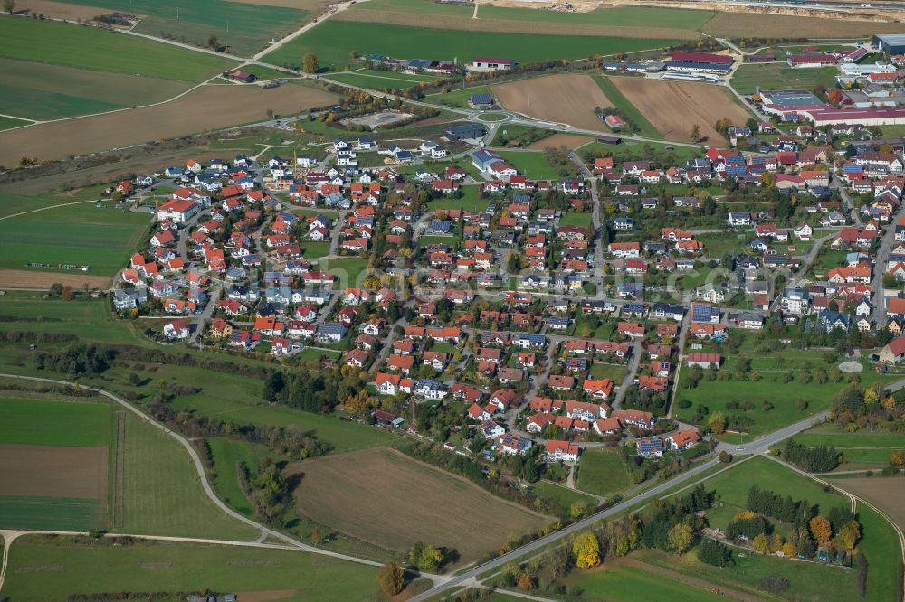 Merklingen from the bird's eye view: City view from the outskirts with adjacent agricultural fields in Merklingen in the state Baden-Wuerttemberg, Germany