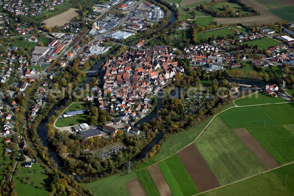Munderkingen from above - City view from the outskirts with adjacent agricultural fields in Munderkingen in the state Baden-Wuerttemberg, Germany