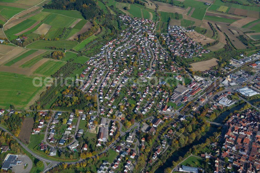 Munderkingen from above - City view from the outskirts with adjacent agricultural fields in Munderkingen in the state Baden-Wuerttemberg, Germany