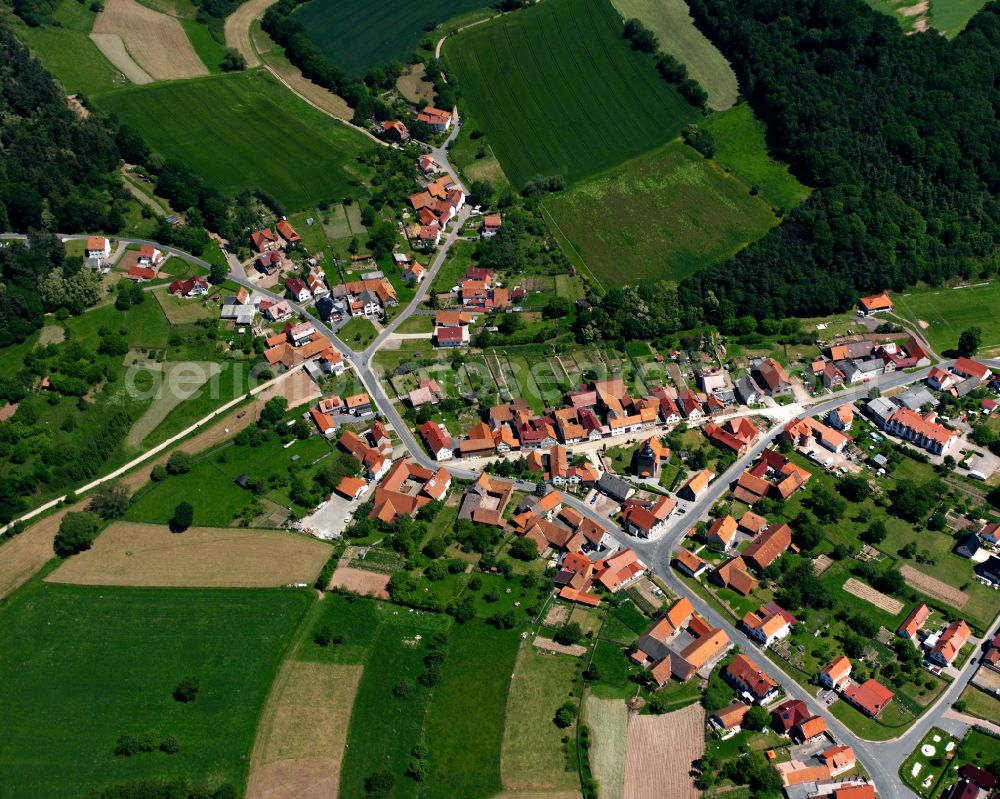 Neuendorf from above - City view from the outskirts with adjacent agricultural fields in Neuendorf in the state Thuringia, Germany