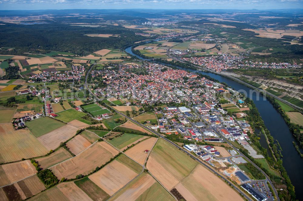 Retzbach from the bird's eye view: City view from the outskirts with adjacent agricultural fields in Retzbach in the state Bavaria, Germany