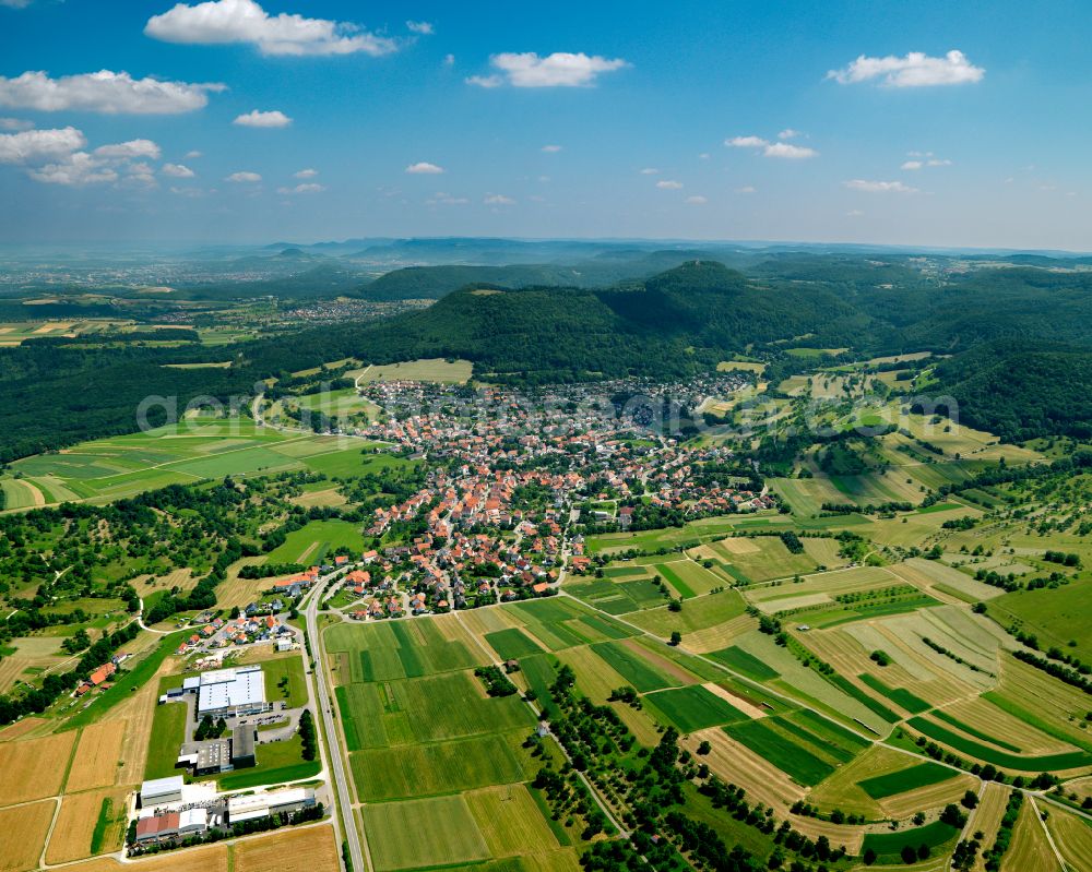 Aerial image Öschingen - City view from the outskirts with adjacent agricultural fields in Oeschingen in the state Baden-Wuerttemberg, Germany