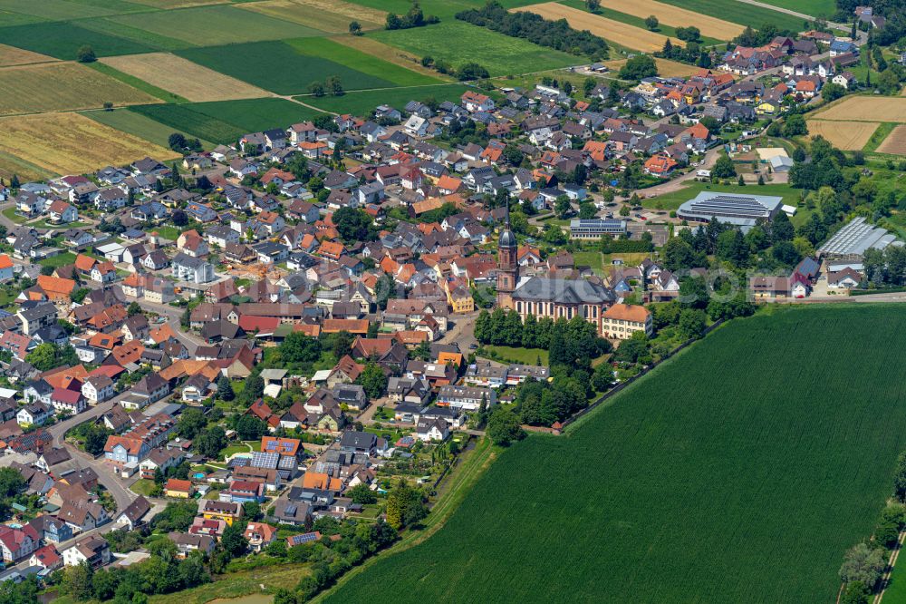 Aerial image Schuttern - City view from the outskirts with adjacent agricultural fields in Schuttern in the state Baden-Wuerttemberg, Germany