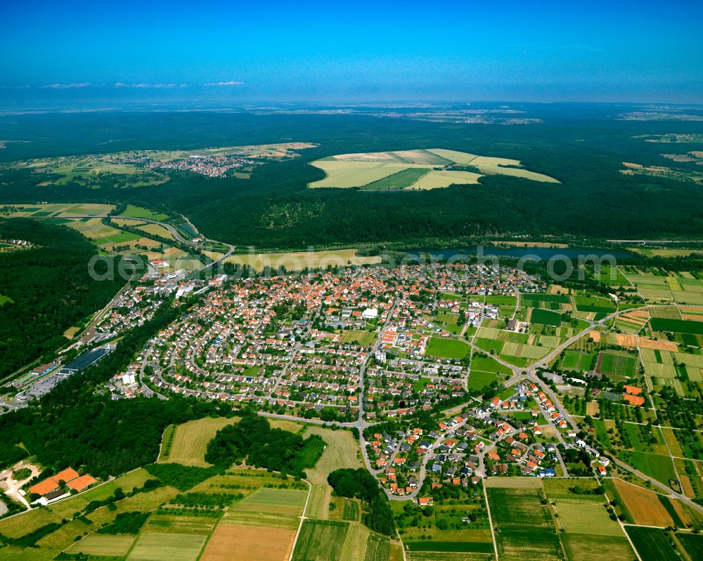 Sickenhausen from the bird's eye view: City view from the outskirts with adjacent agricultural fields in Sickenhausen in the state Baden-Wuerttemberg, Germany