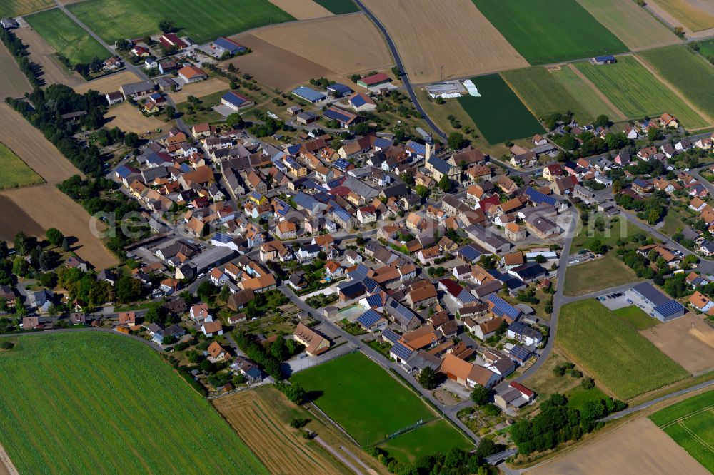 Sonderhofen from above - City view from the outskirts with adjacent agricultural fields in Sonderhofen in the state Bavaria, Germany