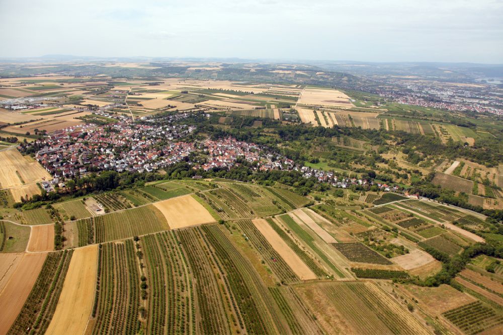 Aerial image Wackernheim - City view from the outskirts with adjacent agricultural fields of Stadtteils Ingelheim - Wackernheim in Wackernheim in the state Rhineland-Palatinate, Germany
