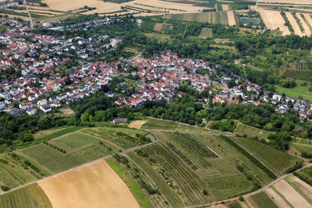 Wackernheim from above - City view from the outskirts with adjacent agricultural fields of Stadtteils Ingelheim - Wackernheim in Wackernheim in the state Rhineland-Palatinate, Germany