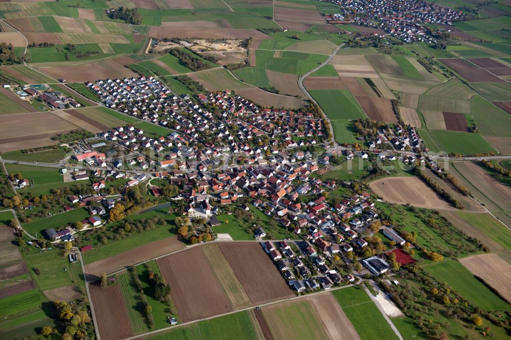 Ulm from above - City view from the outskirts with adjacent agricultural fields in Ulm in the state Baden-Wuerttemberg, Germany