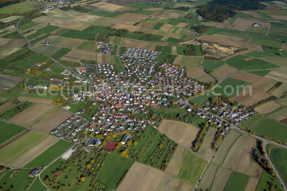 Ulm from the bird's eye view: City view from the outskirts with adjacent agricultural fields in Ulm in the state Baden-Wuerttemberg, Germany