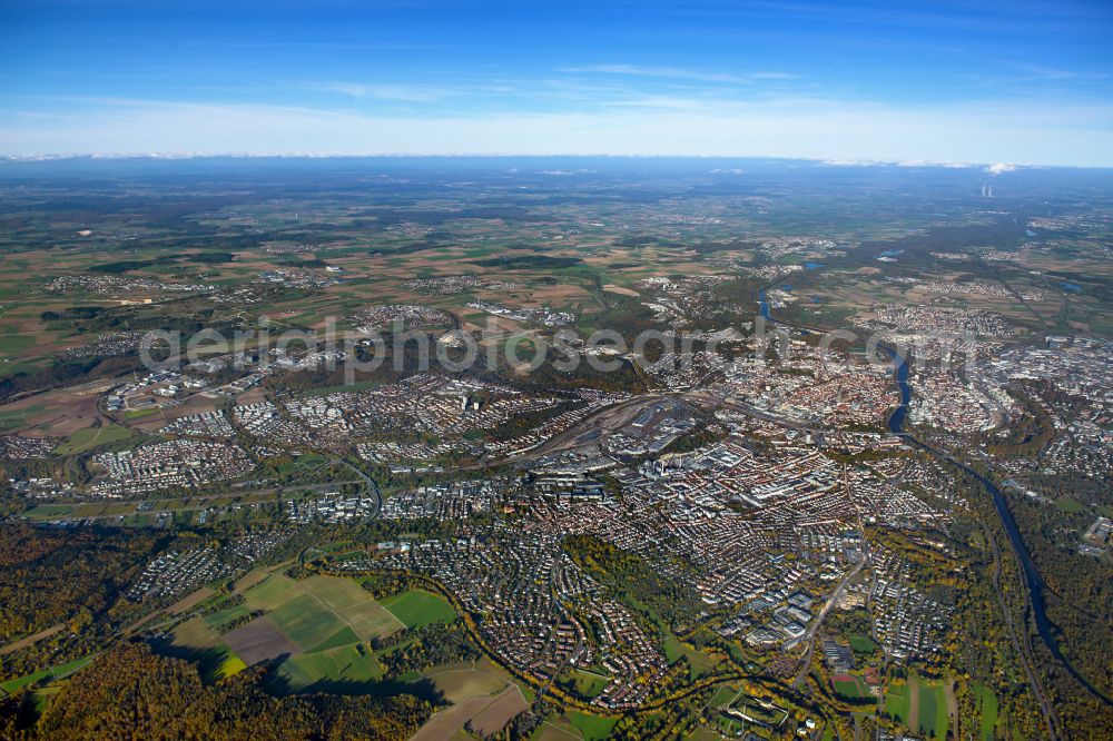 Ulm from above - City view from the outskirts with adjacent agricultural fields in Ulm in the state Baden-Wuerttemberg, Germany