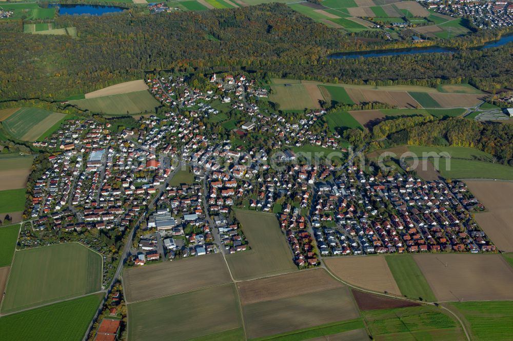 Aerial image Unterkirchberg - City view from the outskirts with adjacent agricultural fields in Unterkirchberg in the state Baden-Wuerttemberg, Germany