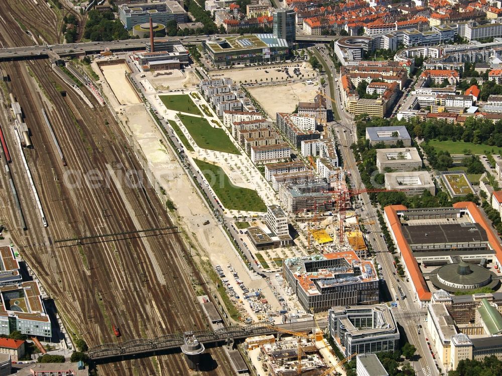 München from above - District view with streets, houses, tracks and Arnulfpark in the district Maxvorstadt in Munich in the state Bavaria, Germany
