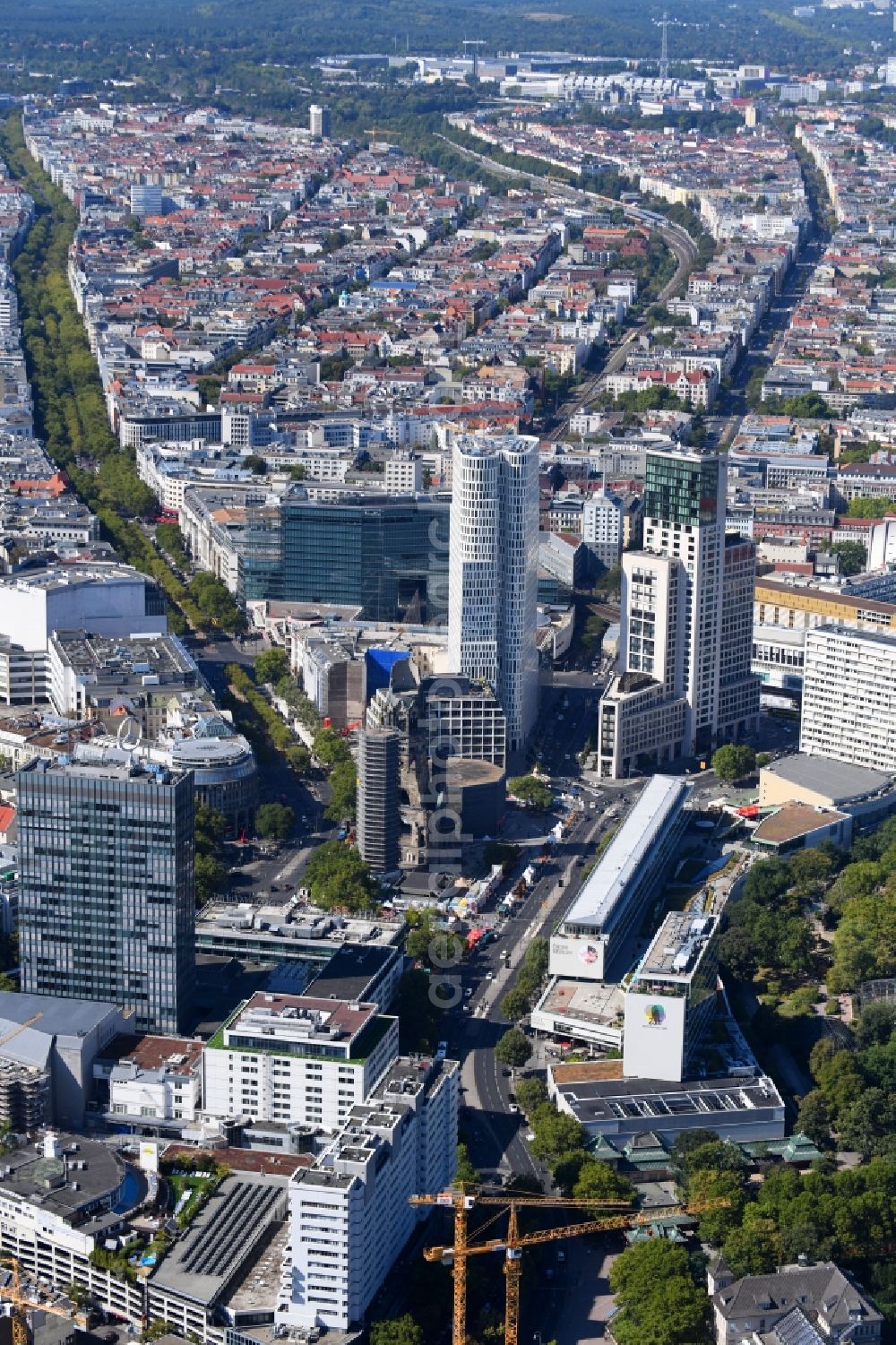 Aerial image Berlin - Kaiser-Wilhelm-Gedaechtnis-Kirche on Breitscheidplatz in the city in the district Charlottenburg in Berlin, Germany