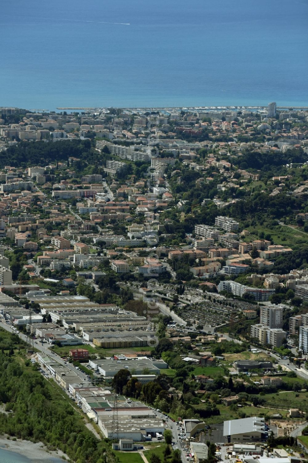 Aerial image Nizza - Nice - District Saint-Laurent-du-Var in the city in Nizza Saint-Laurent-du-Var in Provence-Alpes-Cote d'Azur, France