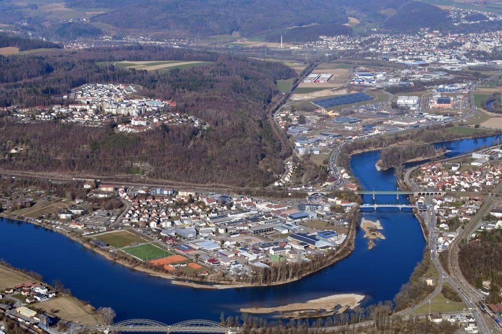 Aerial image Waldshut-Tiengen - Landscape and industrial areas on the banks of the Rhine river course in Waldshut-Tiengen in the state Baden-Wurttemberg, Germany. Border crossing over the Rhine into Switzerland at Koblenz