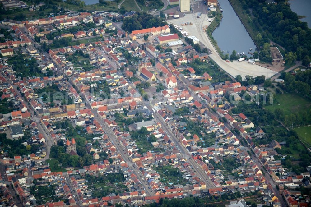 Aken from above - View of Aken in the state of Saxony-Anhalt. The town consists of a symmetrical residential area on the Elbe riverbank
