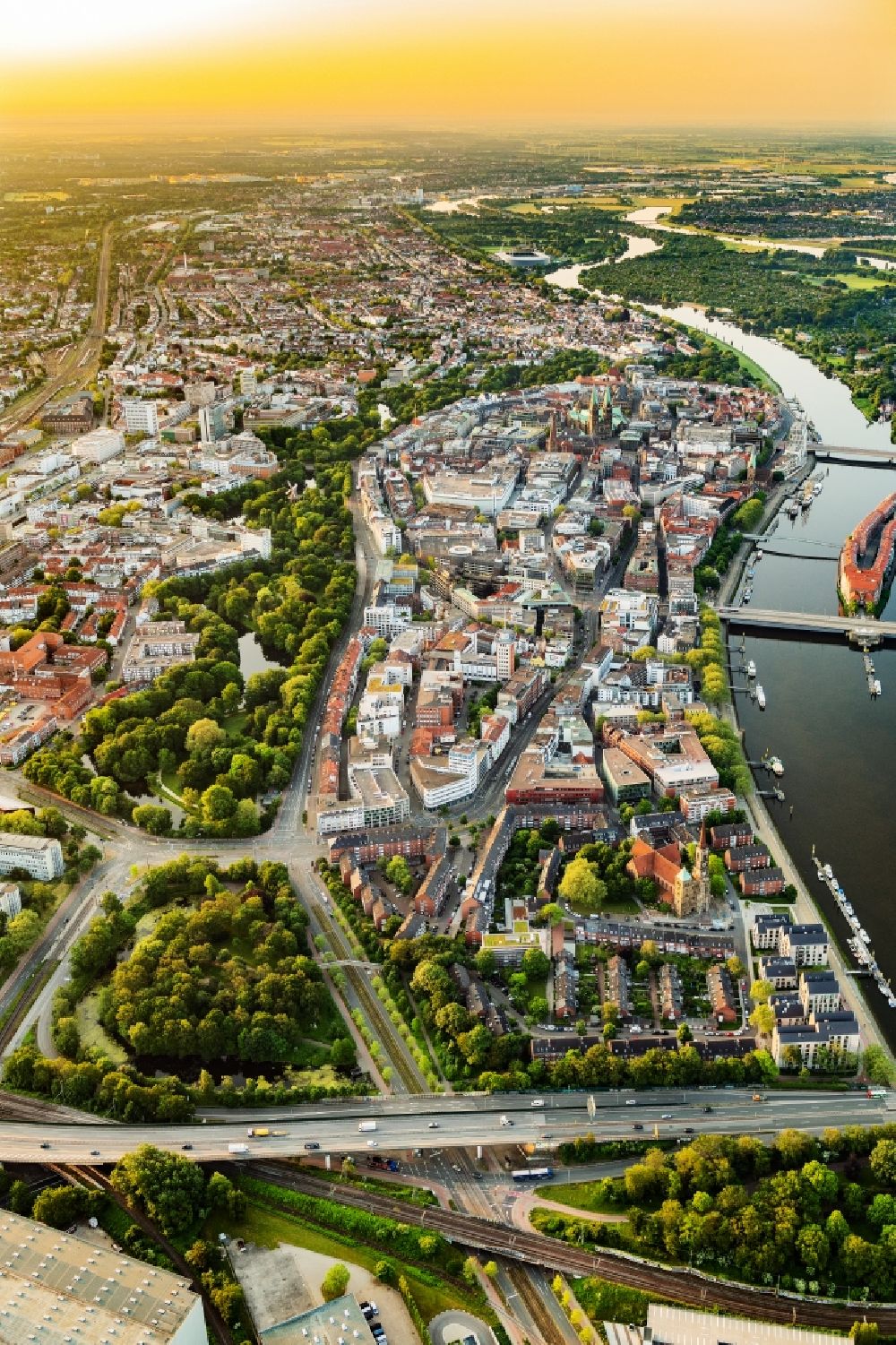 Bremen from above - View of the old town in the morning light of the Hanseatic city on the banks of the Weser in Bremen