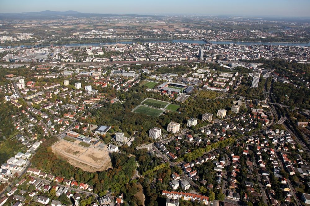 Mainz from above - View of the Hartenberg-Muenchfeld district of Mainz in the state of Rhineland-Palatinate. The Northern district is home to several important buildings and institutions of Mainz - such as the stadium of Mainz 05, the state broadcasting house or the Binger Schlag area - and includes several residential areas and estates. The construction site of sports facilities of the DJK sports club is located in the foreground