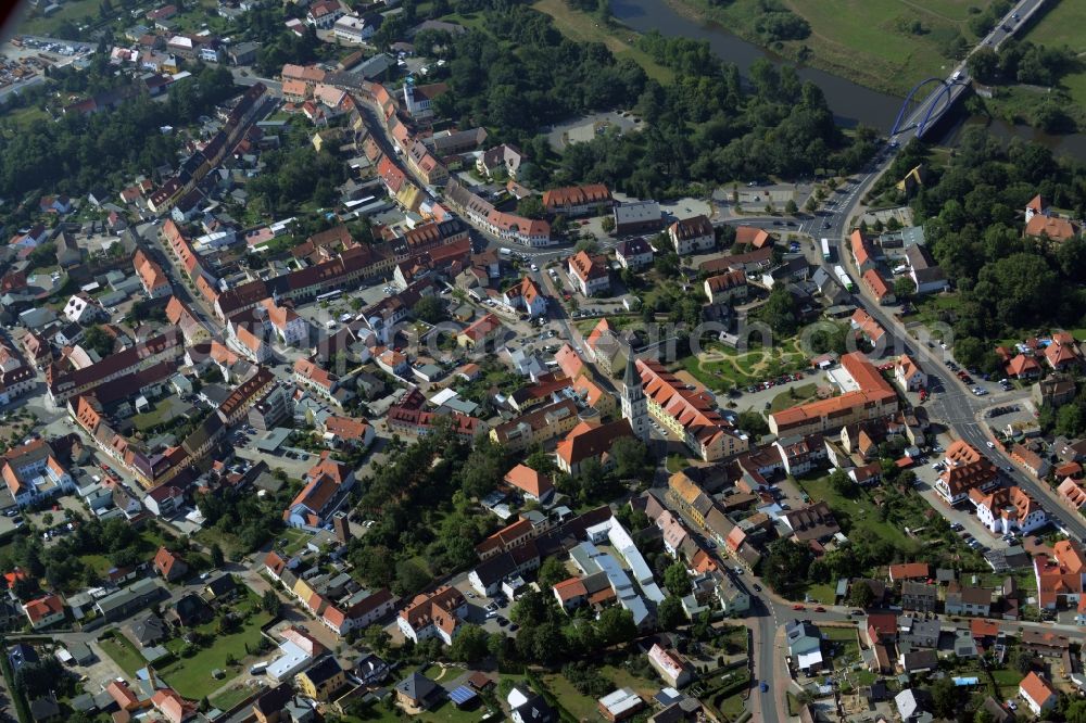 Aerial image Bad Düben - View of the historic town centre of Bad Dueben in the state of Saxony. The spa town is located in the county district of North Saxony at the Duebener Heide region. Business and residential buildings are located in its centre, along with tourist attractions and parks