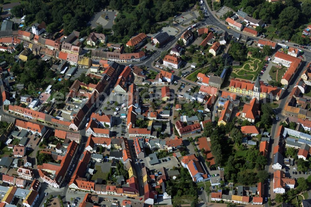 Aerial photograph Bad Düben - View of the historic town centre of Bad Dueben in the state of Saxony. The spa town is located in the county district of North Saxony at the Duebener Heide region. Business and residential buildings are located in its centre, along with tourist attractions and parks