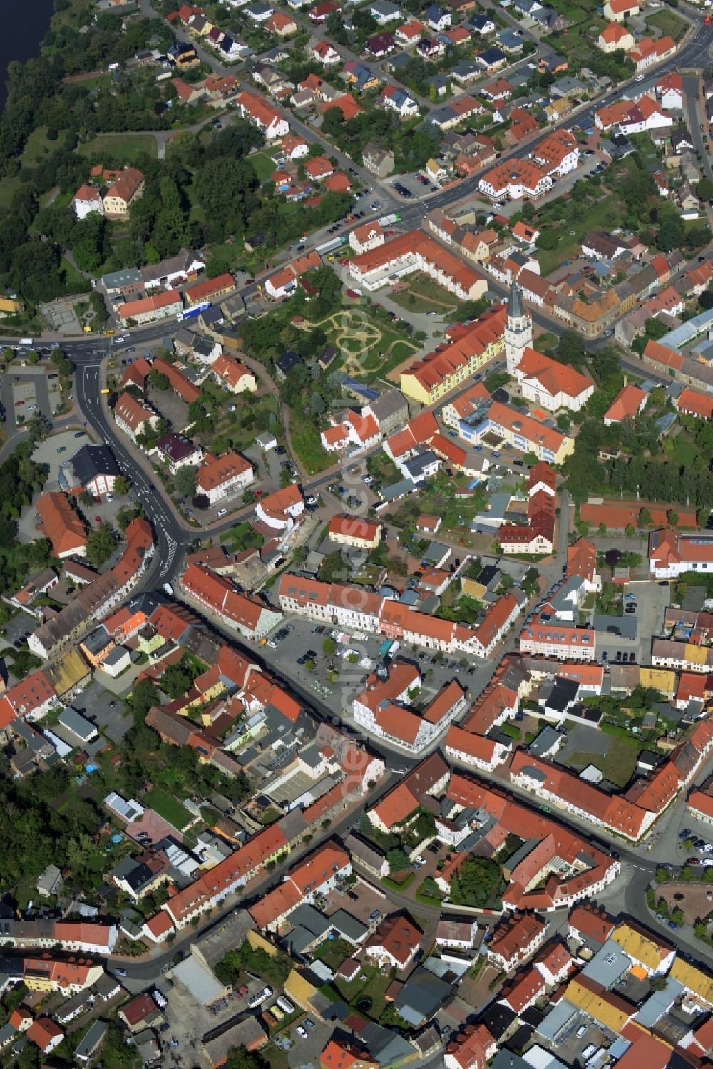 Bad Düben from above - View of the historic town centre of Bad Dueben in the state of Saxony. The spa town is located in the county district of North Saxony at the Duebener Heide region. Business and residential buildings are located in its centre, along with tourist attractions and parks