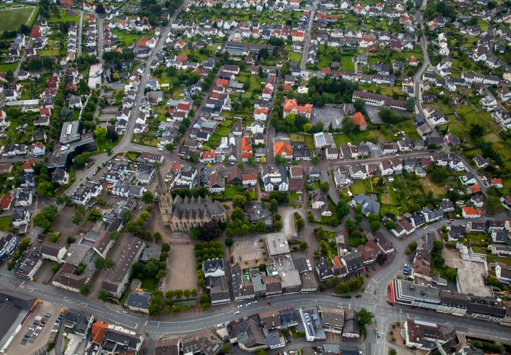 Warstein from above - View of the historic town centre of Warstein in the state of North Rhine-Westphalia. The town is located in the county district of Soest. Its town centre includes historic buildings such as the parochial church St. Pankratius or the old pharmacy on market square