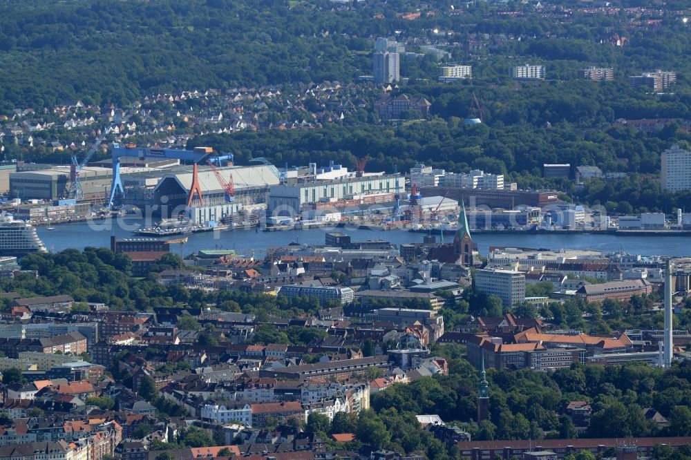 Kiel from the bird's eye view: View of the downtown area and Gaarden part of Kiel in the state of Schleswig-Holstein. View from the Northwest. The wharf facilities of ThyssenKrupp Marine Systems are visible on the shore of the Baltic Sea