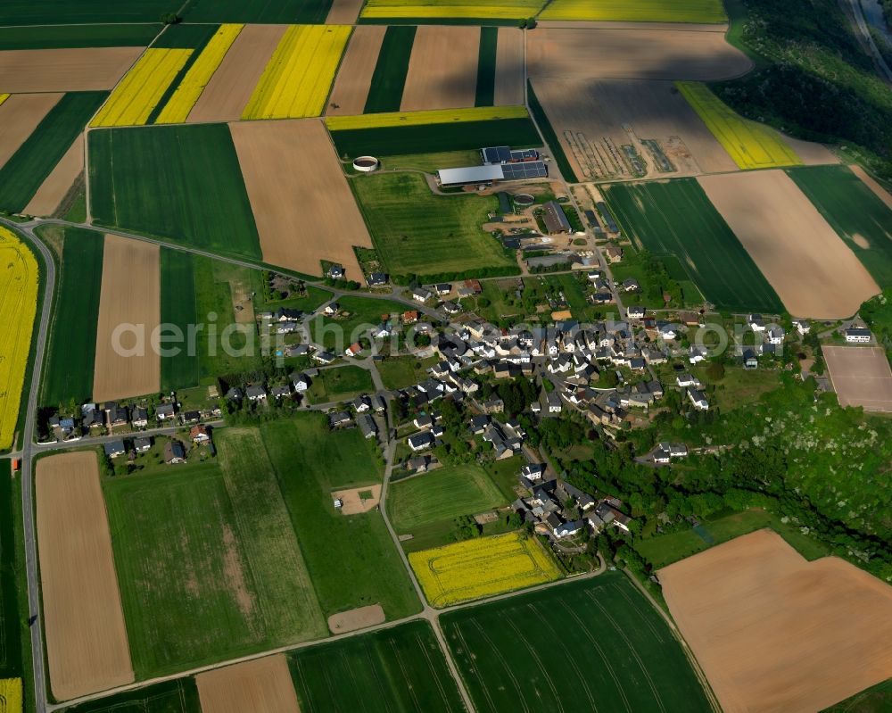 Aerial photograph Münstermaifeld - View of the Lasserg part of Muenstermaifeld in the state of Rhineland-Palatinate. The agricultural town is located in the county district of Mayen-Koblenz and surrounded by meadows and rapeseed fields. It is located in the borough of Maifeld and consists of residential areas such as Lasserg