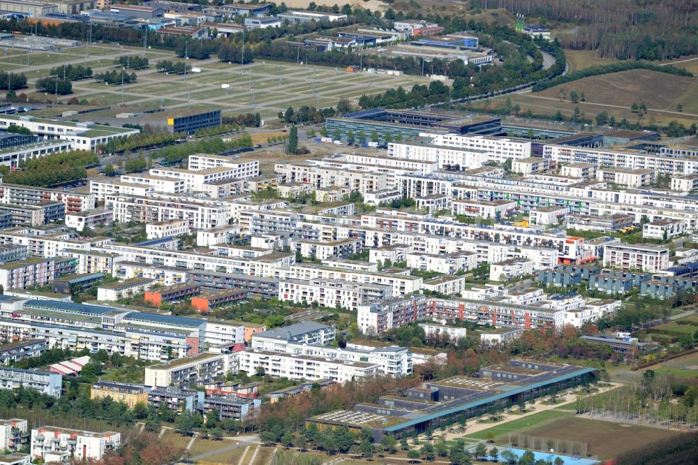 München from above - View of the Messestadt Riem part of Munich in the state of Bavaria. The residential quarter is located on site of the former airport Munich-Riem, in the South of the Messe Muenchen area