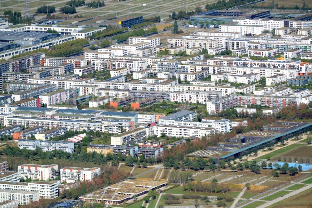 München from the bird's eye view: View of the Messestadt Riem part of Munich in the state of Bavaria. The residential quarter is located on site of the former airport Munich-Riem, in the South of the Messe Muenchen area