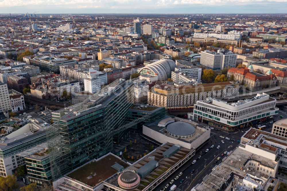 Aerial image Berlin - View of the borough of Charlottenburg City West along Kurfuerstendamm in Berlin in Germany. View from Breitscheidplatz with the Protestant Kaiser Wilhelm Memorial Church to the West
