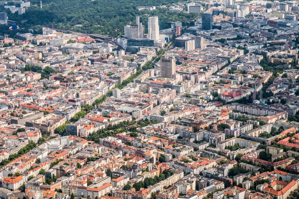 Aerial photograph Berlin - View of the borough of Charlottenburg City West along Kurfuerstendamm in Berlin in Germany. View from Breitscheidplatz with the Protestant Kaiser Wilhelm Memorial Church to the West
