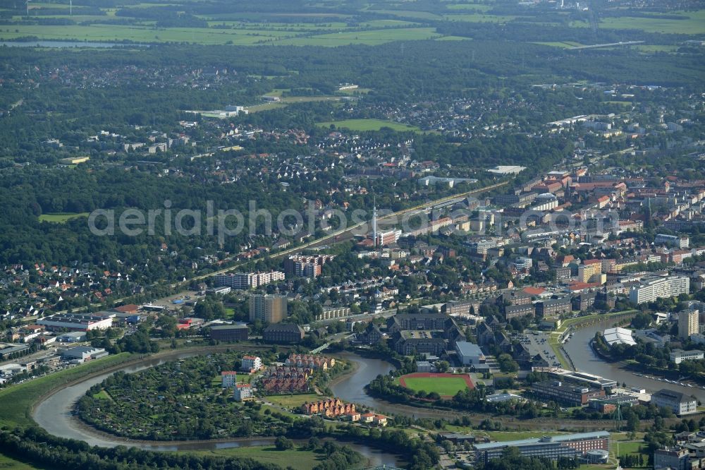 Bremerhaven from above - View of the East of Bremerhaven in the state of Bremen. View of the Geestemuende and Buergerpark parts of the town. The foreground shows the course of the river Geeste