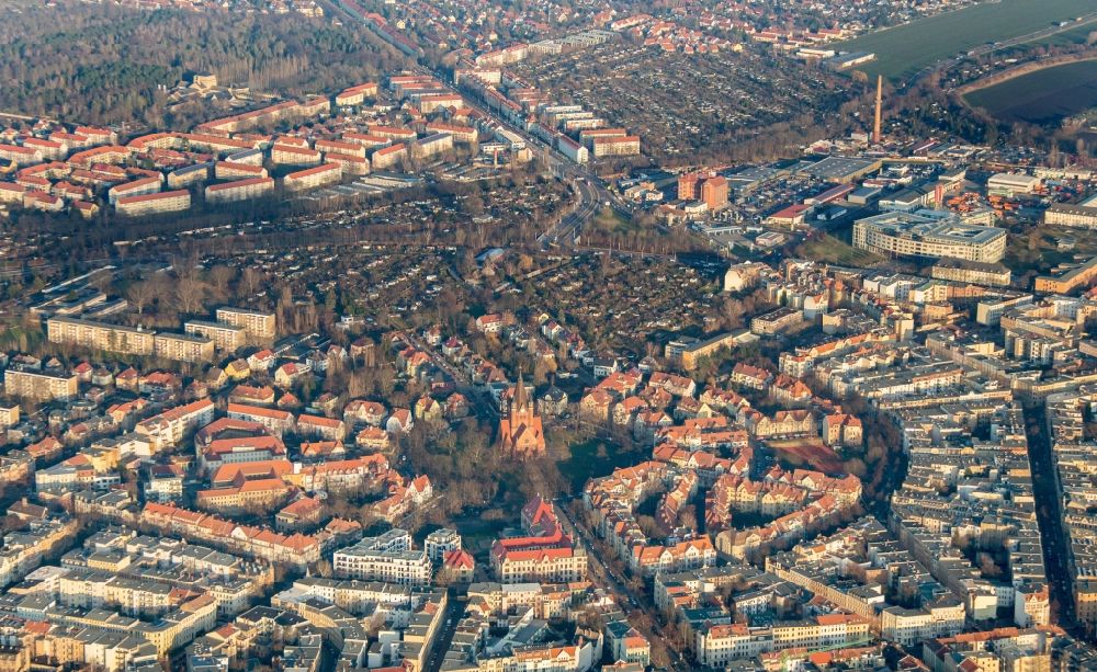 Halle (Saale) from above - Cityscape of the district Paulusviertel in Halle, Saxony-Anhalt. It is characterized by blocks of flats and the evangelical church Pauluskirche, where the name of the borough comes from
