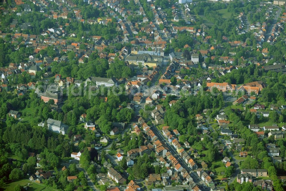 Aerial image Clausthal-Zellerfeld - View of the Southwest of the town of Clausthal-Zellerfeld in the state of Lower Saxony. The mountain and university town is an official spa resort in the county district of Goslar. A residential area is located in its Southwest. View along Adolph-Roemer-Strasse where the church Marktkirche zum Heiligen Geist is located