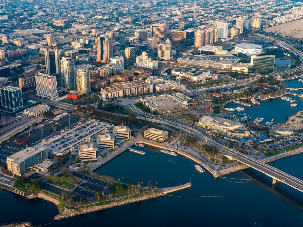 Aerial image Long Beach - View of Waterfront on the Pacific Coast of Long Beach in California, USA. The skyline and buildings of the downtown area of Long Beach are visible in the background