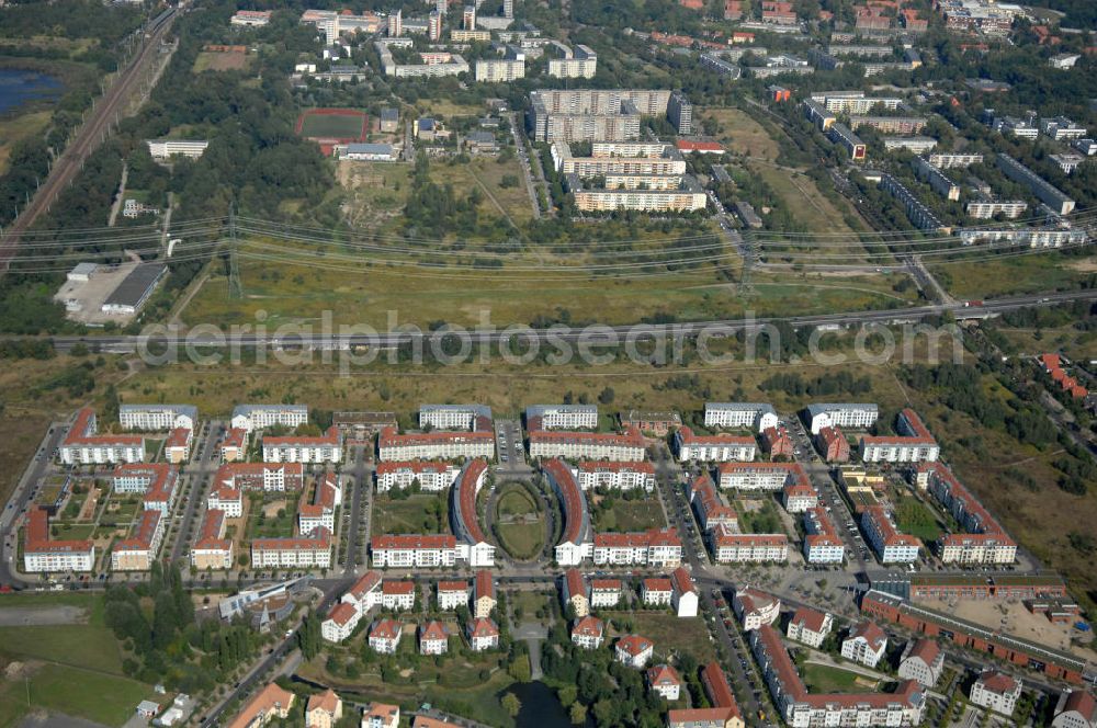 Aerial image Berlin - Blick über das Neubaugebiet Karow-Nord über die Autobahn A10 / E65 in Richtung Wohngebiet Buch-Süd.