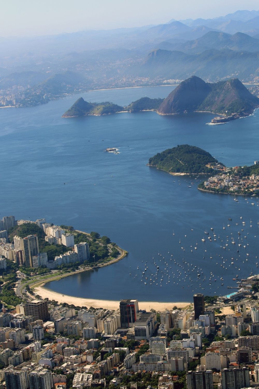 Aerial image Rio de Janeiro - View over the city district Botafogo and beach in the direction of the bay baia de Guanabara in Rio de Janeiro in Brazil