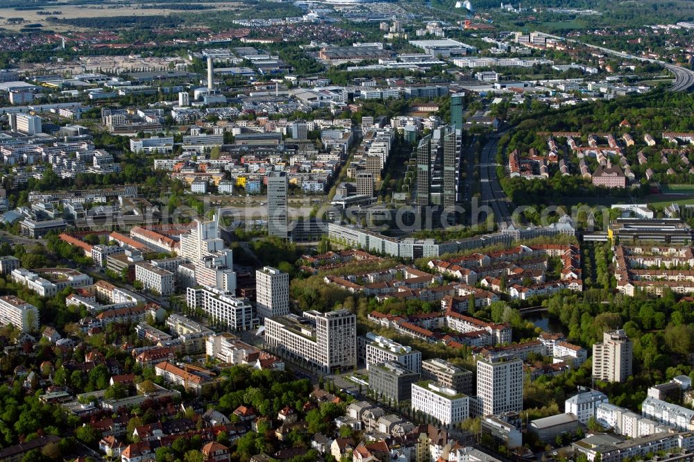 Aerial image München - The city center in the downtown area overlooking the road course of the Leopoldstrasse with office buildings and high-rise buildings in Munich in the state Bavaria, Germany