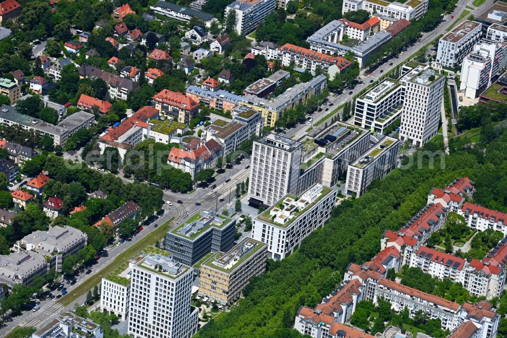 München from above - The city center in the downtown area overlooking the road course of the Leopoldstrasse with office buildings and high-rise buildings in Munich in the state Bavaria, Germany