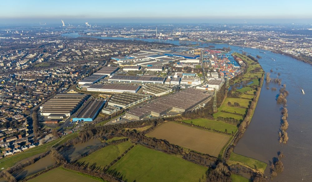 Duisburg from above - City center and industrial estate in the downtown area on the banks of river course of the Rhine river in Duisburg in the state North Rhine-Westphalia, Germany