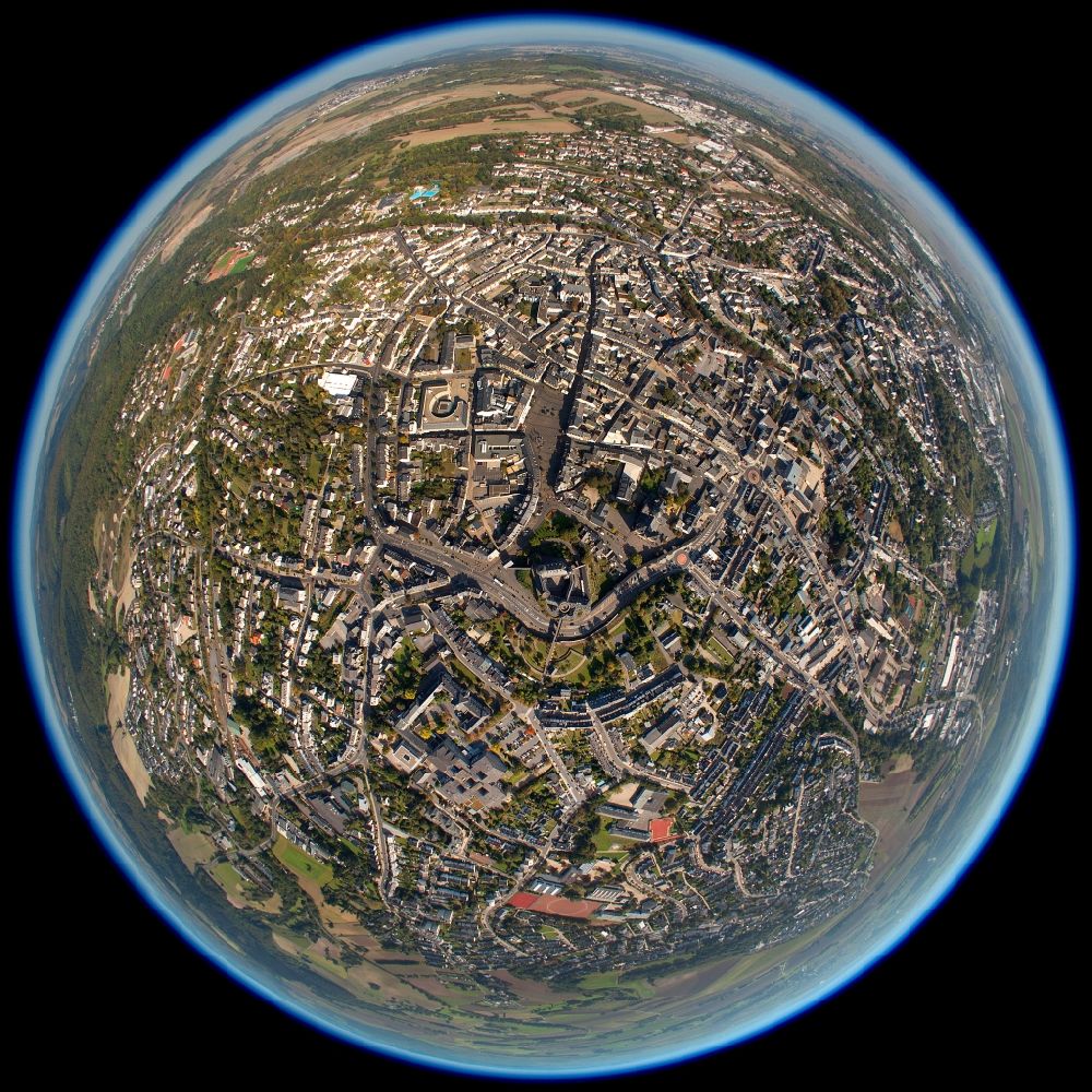 Aerial image Mayen - Fish eye view of the city center and downtown Mayen in Rhineland-Palatinate