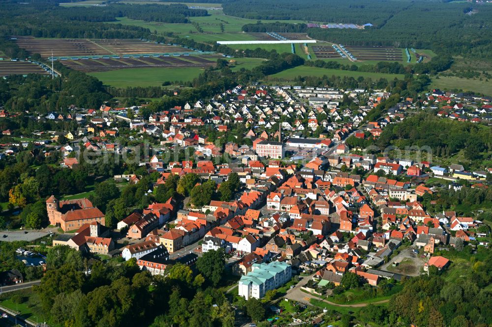 Neustadt-Glewe from above - The city center in the downtown area in Neustadt-Glewe in the state Mecklenburg - Western Pomerania, Germany